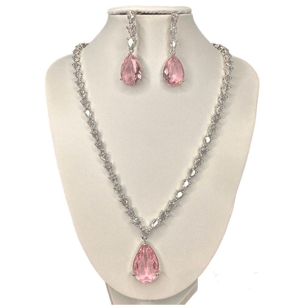 Glam Crystal Diva Tear Drop Pink Citrine Necklace on Titanium, 12 inches long